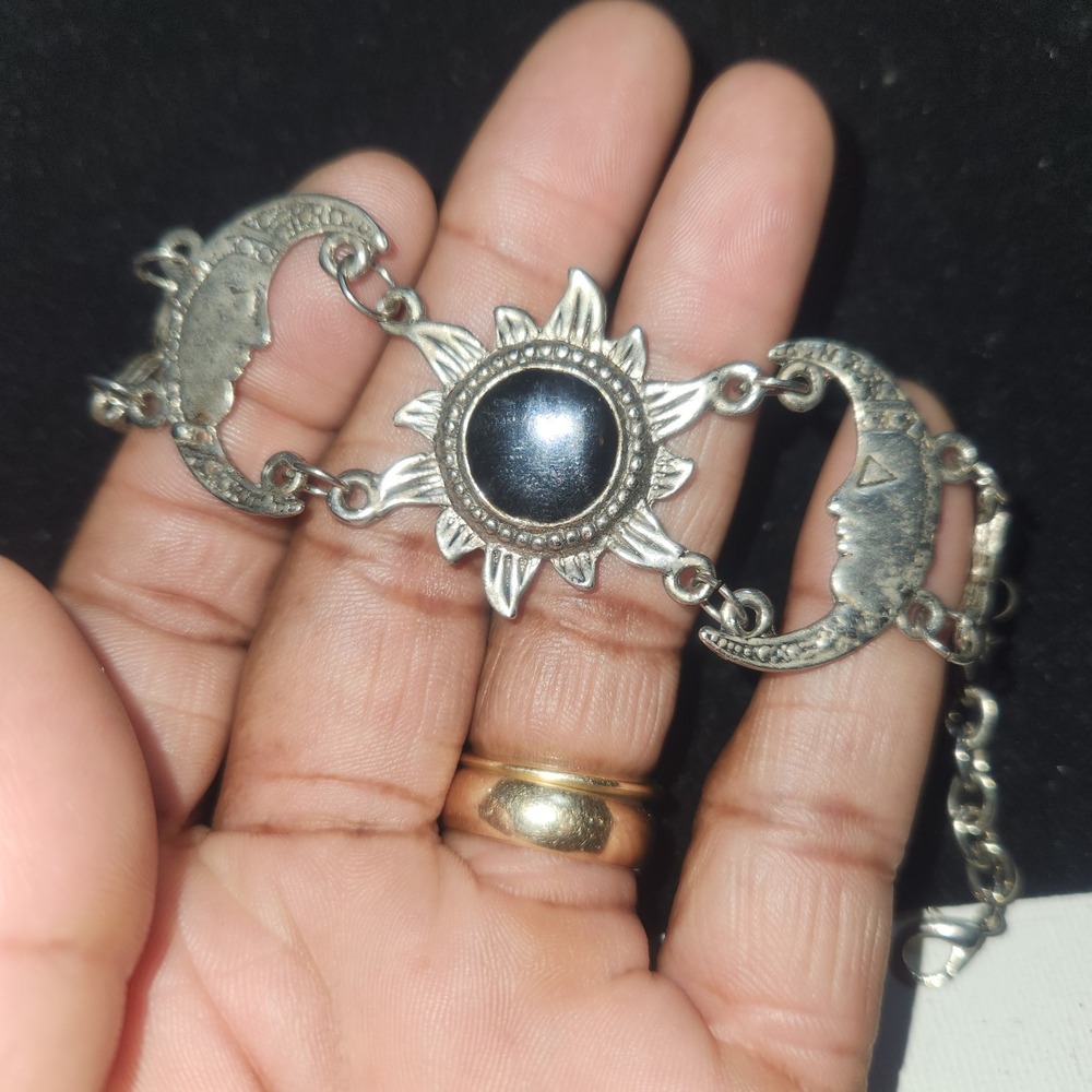 Celestial Sun Moon Link Bracelet Silver Tone Black Cabochon Boho Mystical - Picture 5 of 14